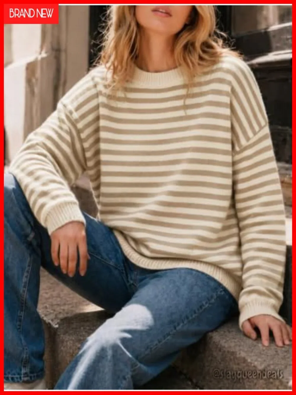 Oversized Striped Knit Crew Neck Long Sleeve Pullover Sweater